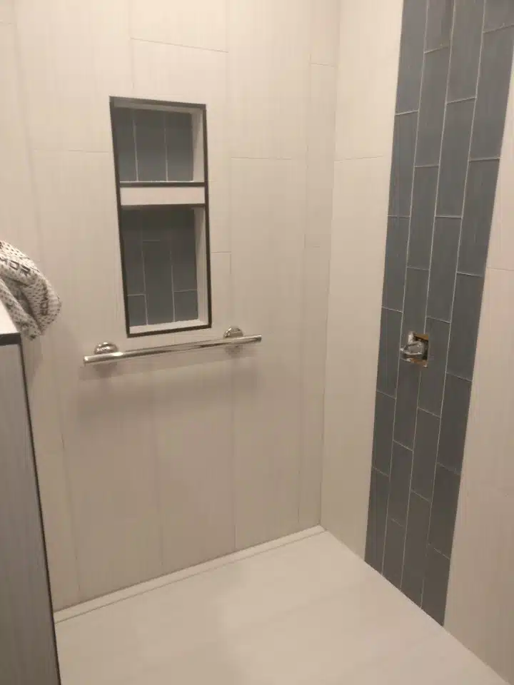 Small bathroom recessed niche in shower