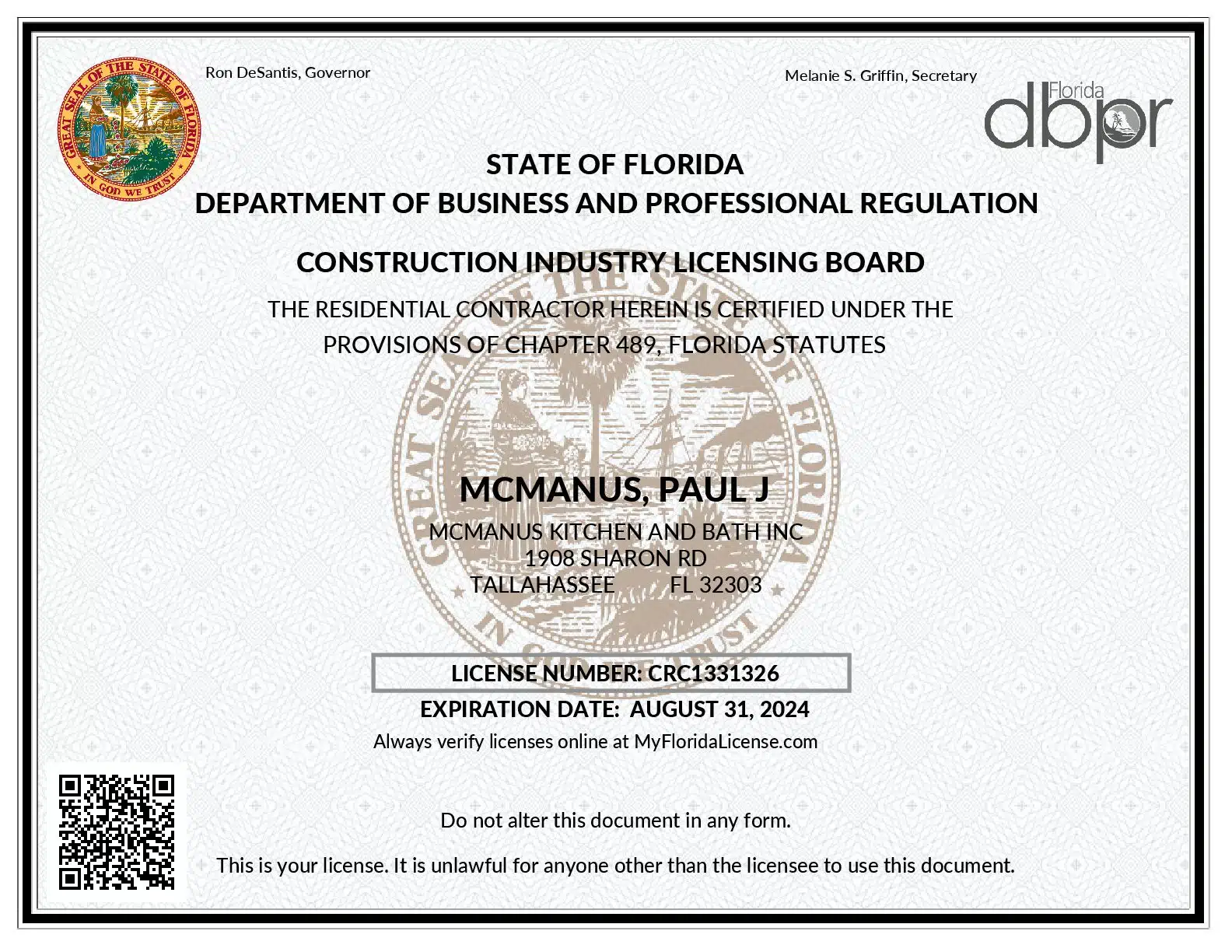2023/24 Residential Contractors License for McManus Kitchen and Bath 