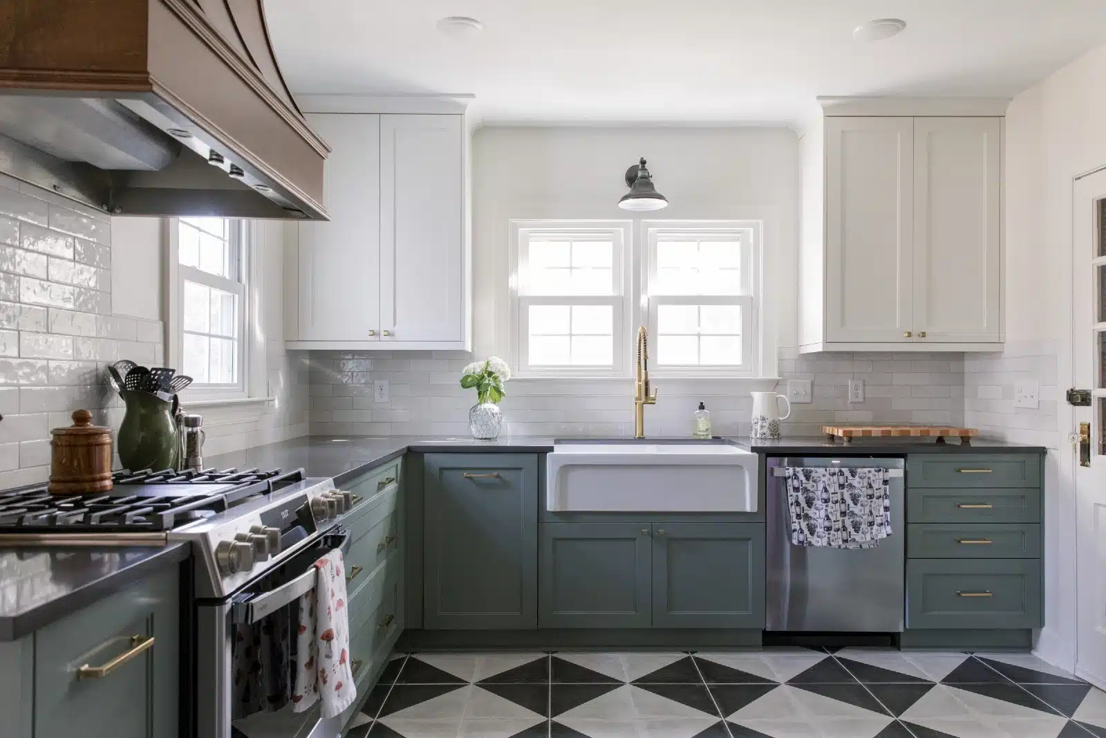 Kitchen Update After - Green cabinets, checkerboard floor tile and white backsplash